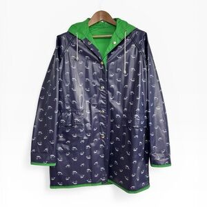 Vintage 80s Reversible Raincoat Whale Print Hooded Jacket Navy Green Medium